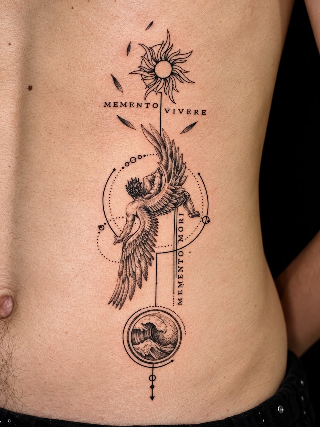 Original fine line Icarus, sun and wave tattoo